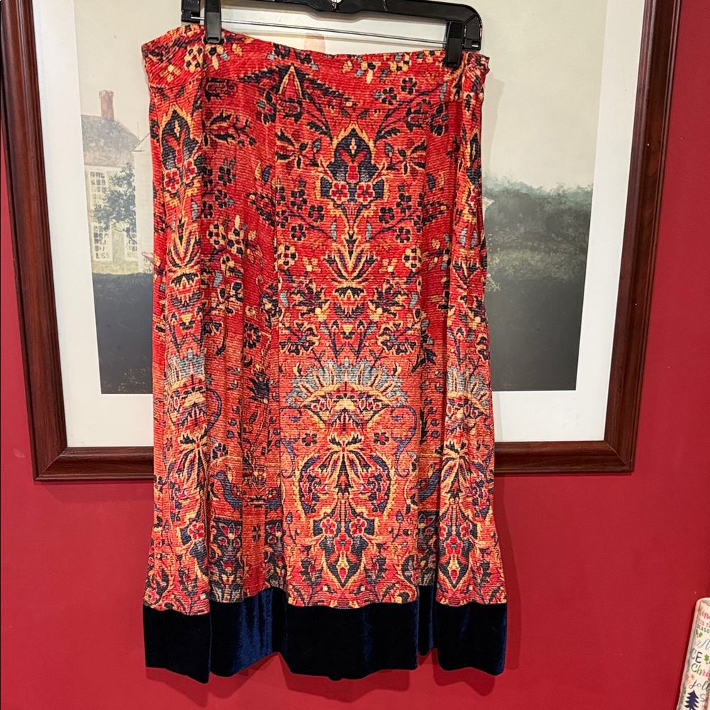 Soft Surroundings Orange, Red and Blue Patterned Midi Skirt size 1X